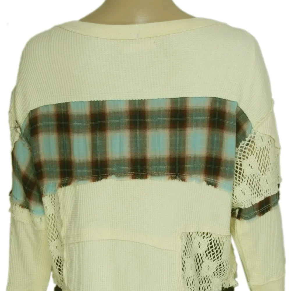 Free People We The Free Nina Tee Plaid Cream Top XS US ITEM